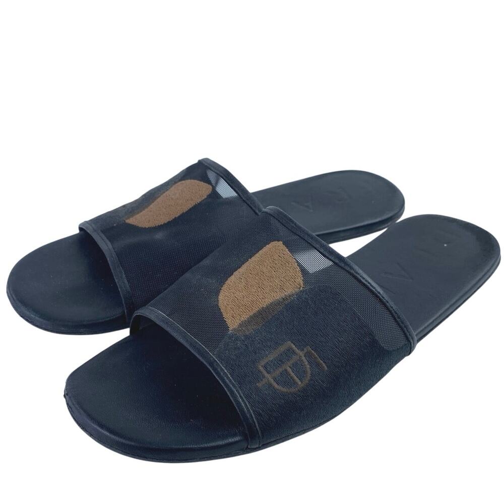Dear Frances Women's Black Tan Lounge Embroidery Slip On Slides Sandals Size 6